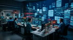 Hospital systems displaying digital patient records and cybersecurity data streams