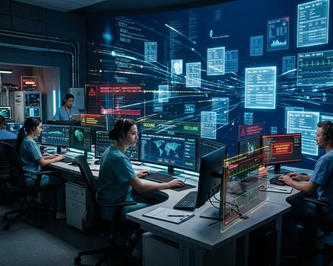 Hospital systems displaying digital patient records and cybersecurity data streams
