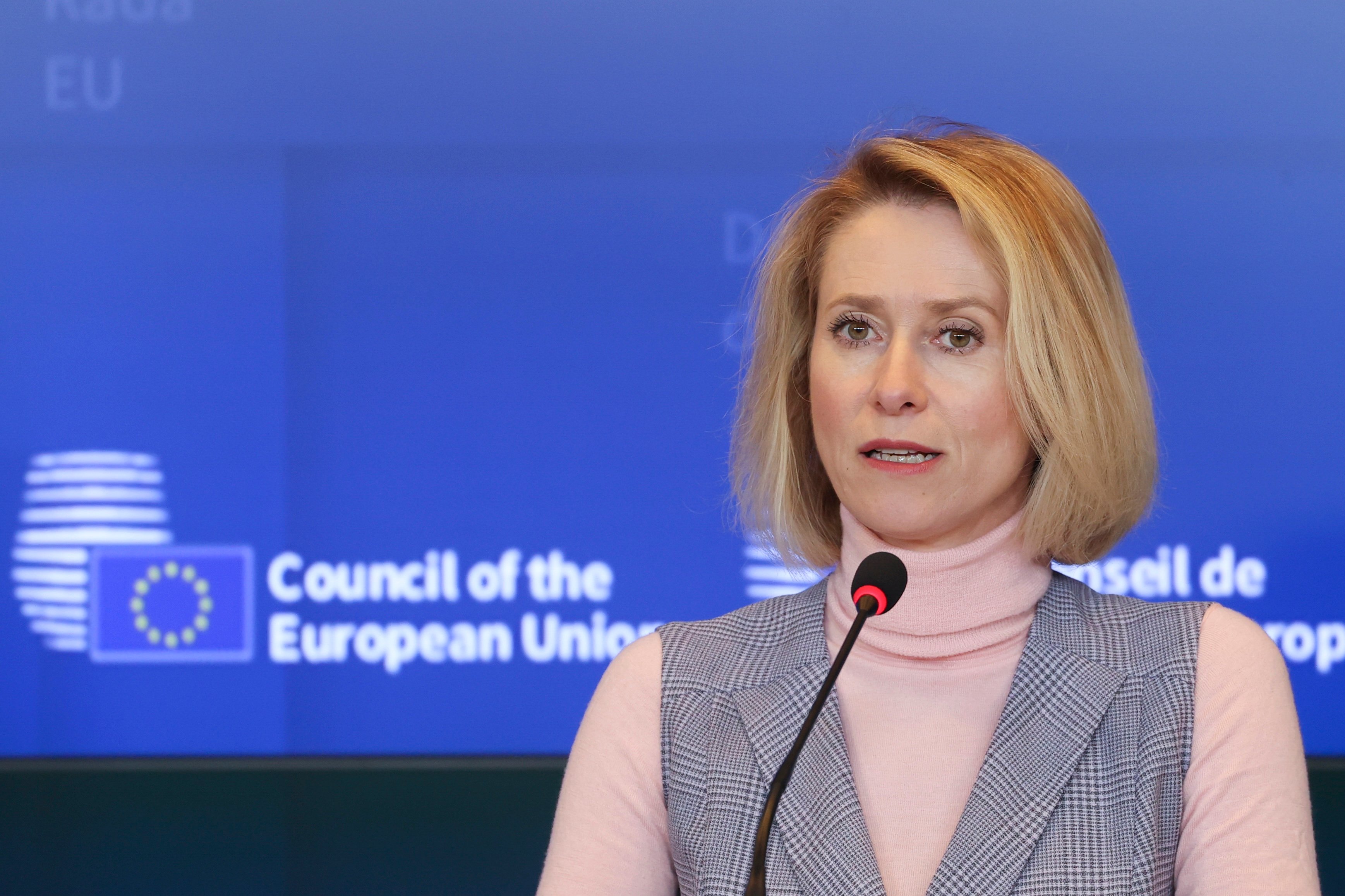Kaja Kallas addressing EU foreign ministers during sanctions announcement in Brussels