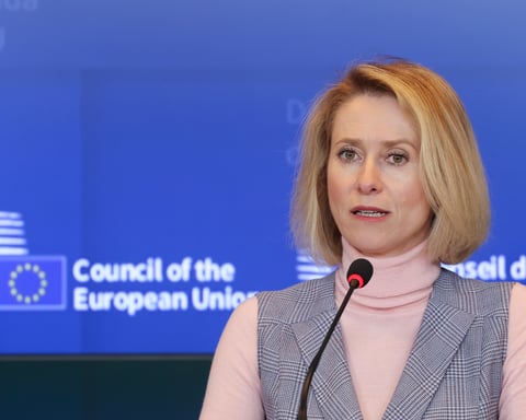 Kaja Kallas addressing EU foreign ministers during sanctions announcement in Brussels