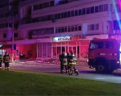 Romanian emergency services at the scene of drone strike on residential building in Galati, Romania, May 2026
