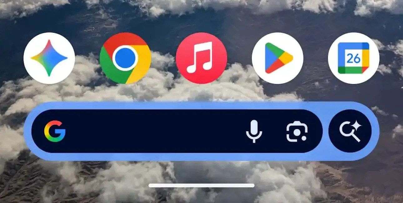 Google Pixel phone showing Android 17 home screen customization with removable search bar
