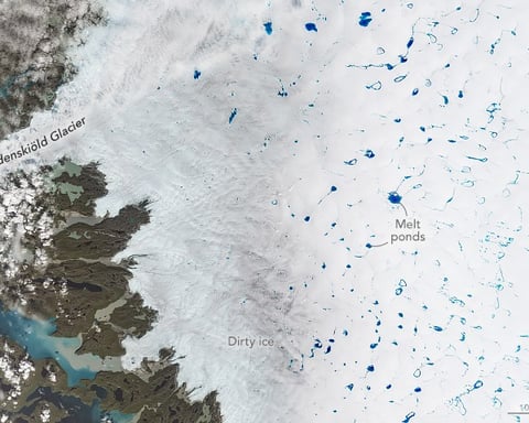 NASA Landsat 9 satellite image of meltwater ponds forming on the Greenland Ice Sheet in July 2025, evidence of accelerating ice melt