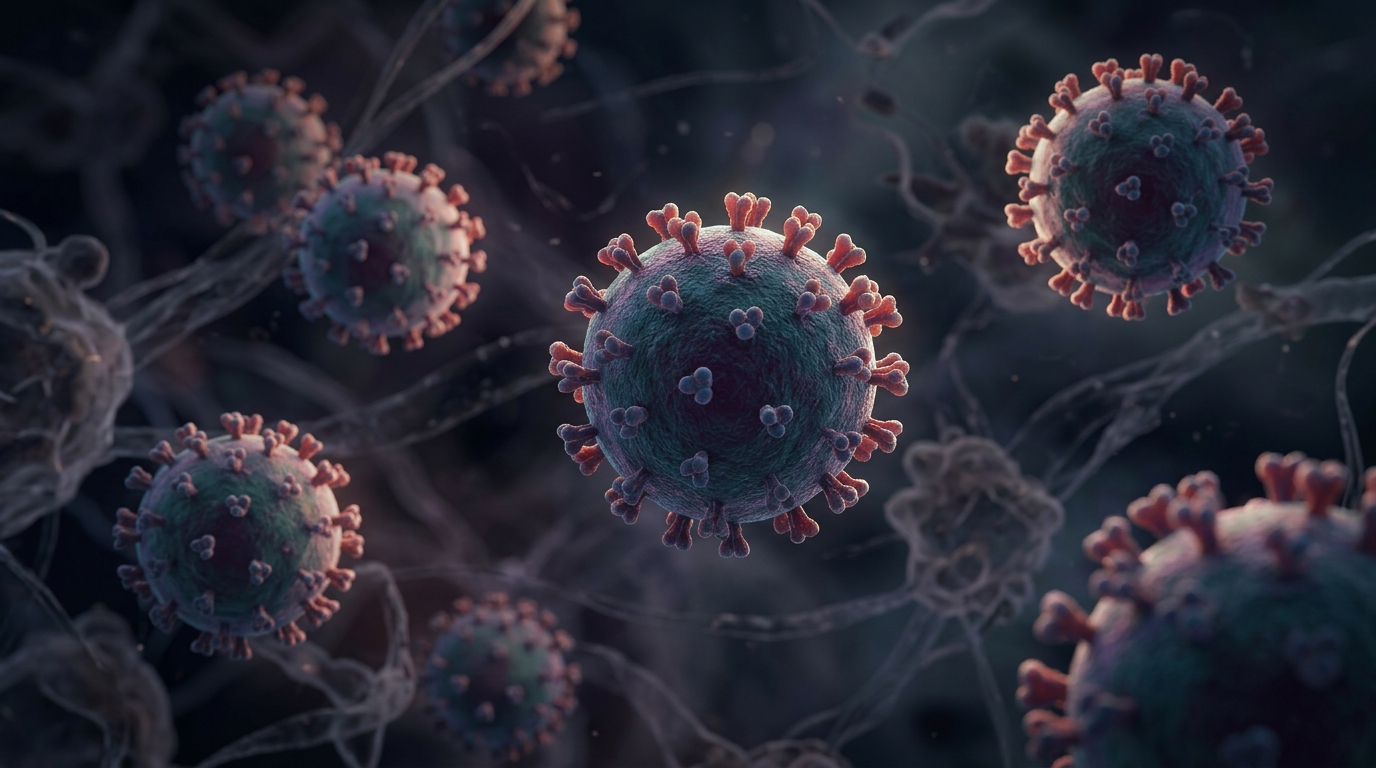 Scientific illustration of hantavirus particles showing viral structure and transmission risk concept