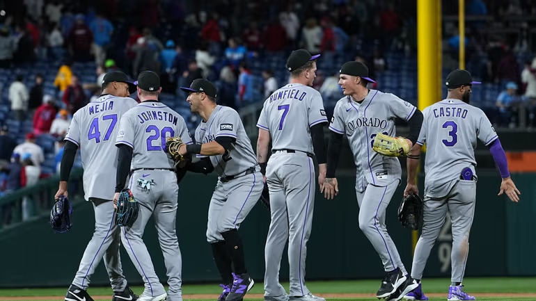 Justin Crawford celebrates his first MLB home run during the Phillies game against the Rockies