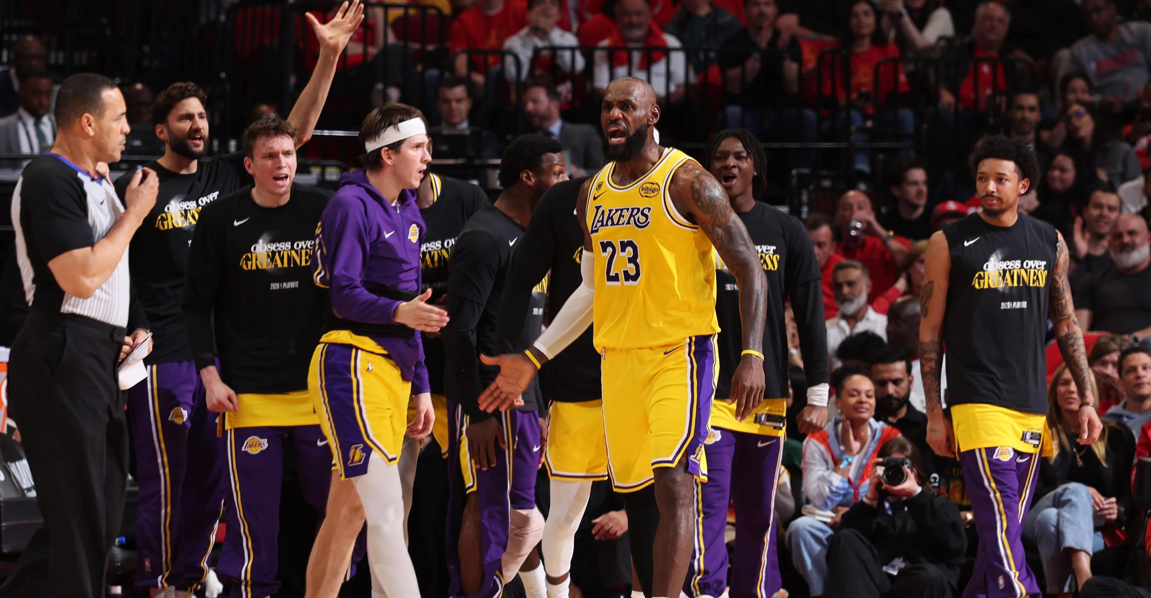 LeBron James reacts during Lakers Game 1 loss to Thunder in 2026 NBA Playoffs