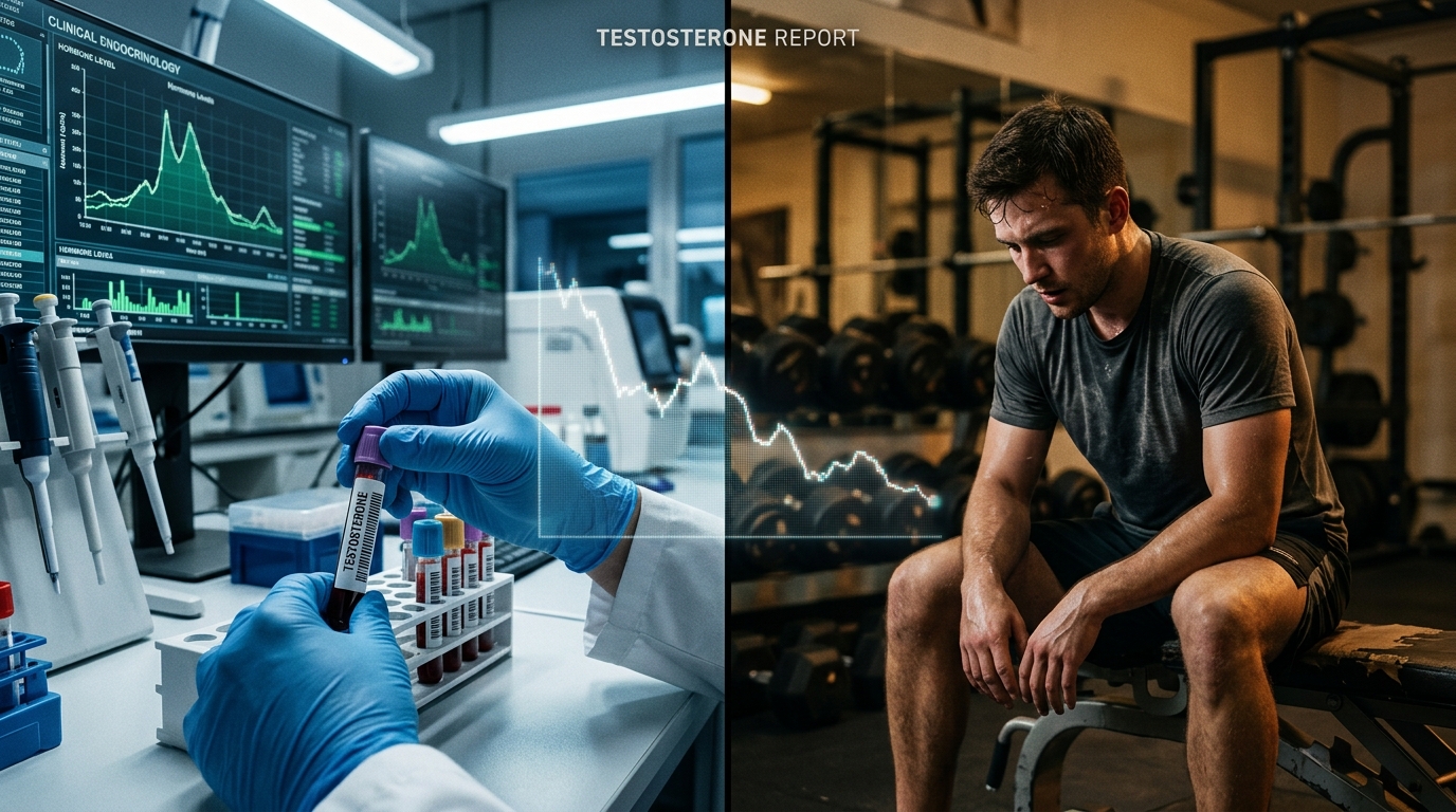 Clinical testosterone blood test contrasted with fatigued young man in gym representing Low T debate