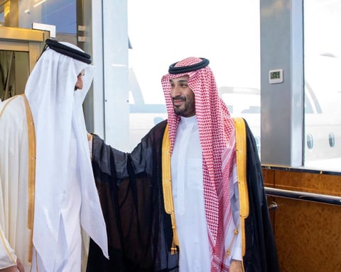 Saudi Crown Prince Mohammed bin Salman receives the Emir of Qatar Sheikh Tamim at a GCC meeting in Saudi Arabia, April 28, 2026
