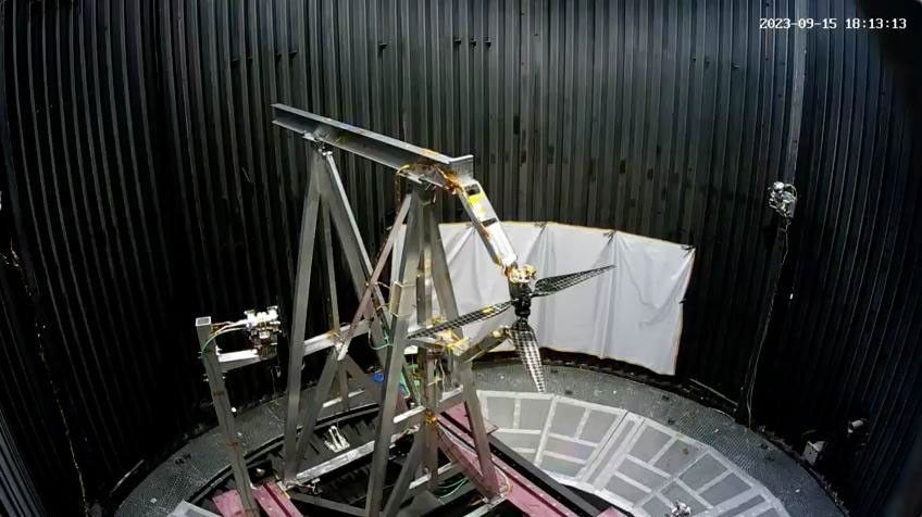NASA engineers monitoring Mars helicopter rotor blade testing inside JPL simulation chamber