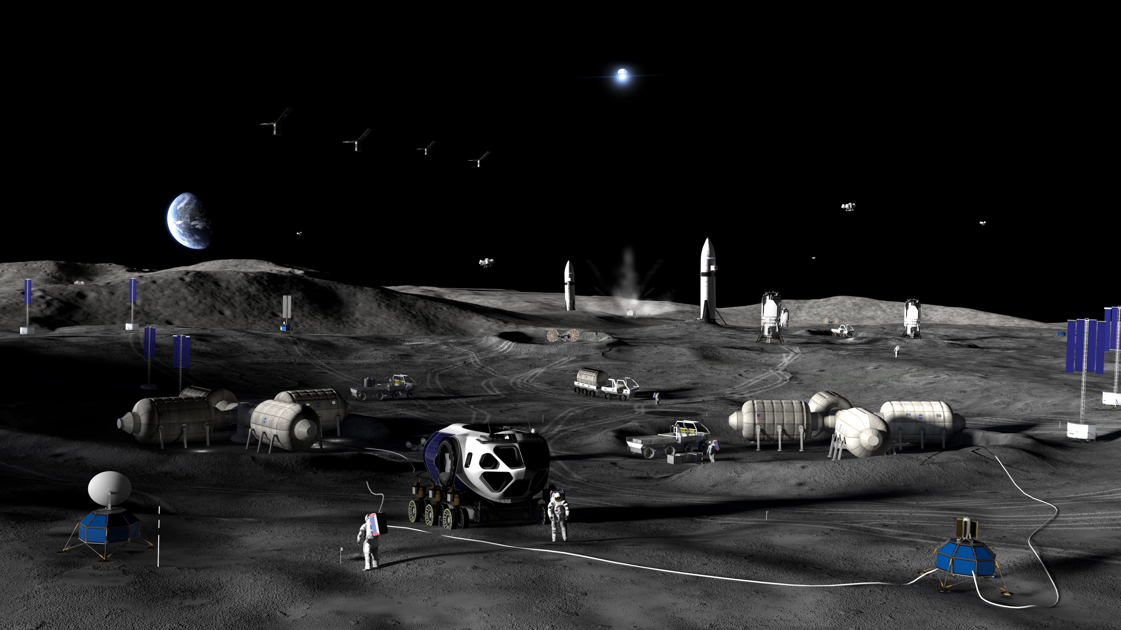 NASA artist concept of Phase 3 of the Moon Base showing habitats, rovers and astronauts on the lunar south pole