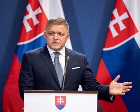 Slovak Prime Minister Robert Fico speaking against Ukraine EU membership proposal