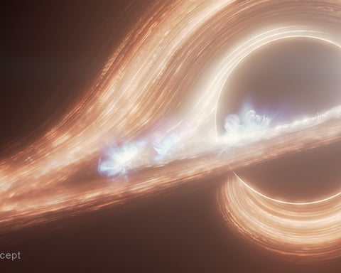 Artist concept of Sagittarius A* the supermassive black hole at the centre of the Milky Way galaxy with swirling accretion disk and bright flares observed by JWST