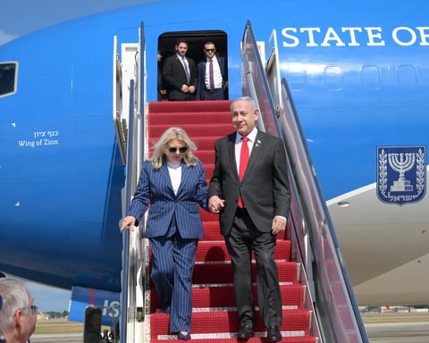 Sara Netanyahu and Benjamin Netanyahu near Israel’s controversial Wing of Zion aircraft amid renewed corruption allegations
