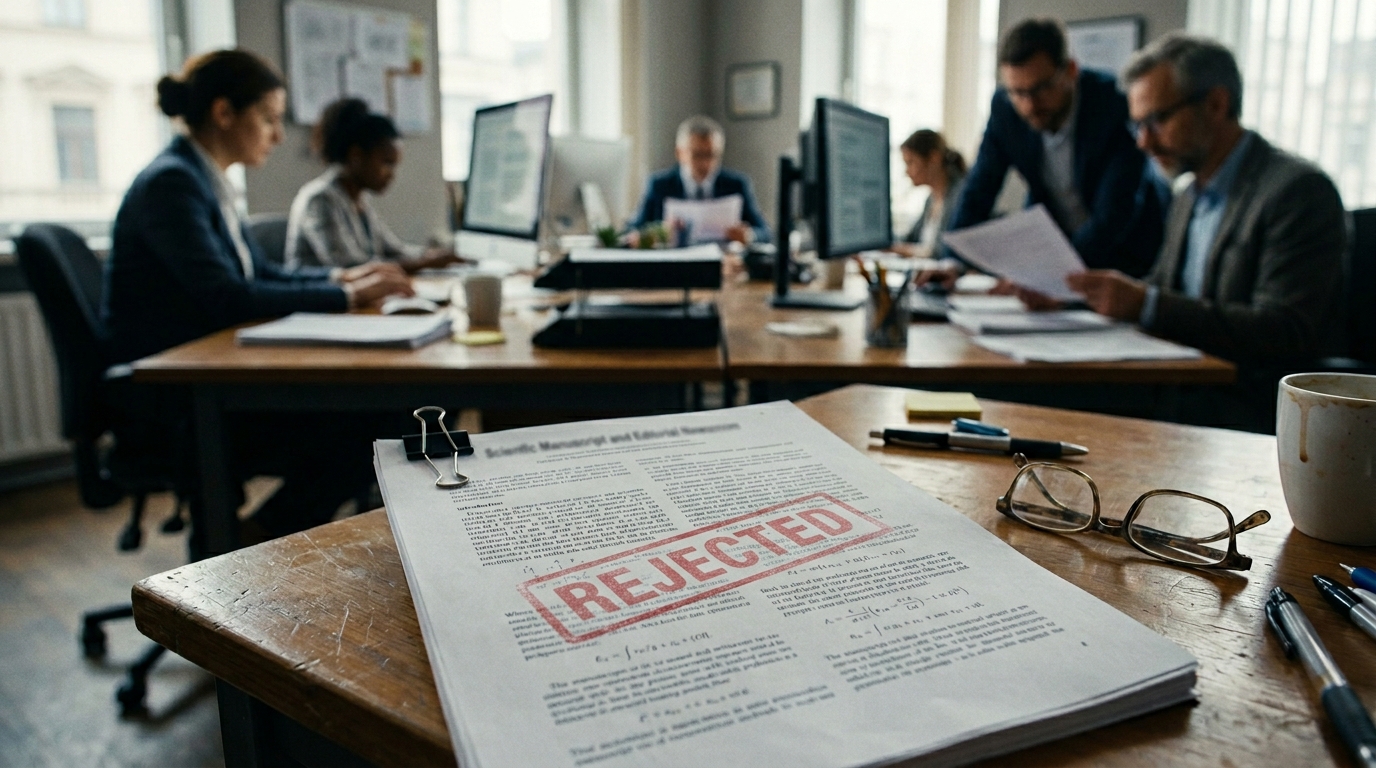 Academic manuscript undergoing peer review with rejection stamp illustrating publication gatekeeping in scientific research