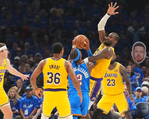 Shai Gilgeous-Alexander celebrates during Thunder Game 1 playoff win over LeBron James and the Lakers