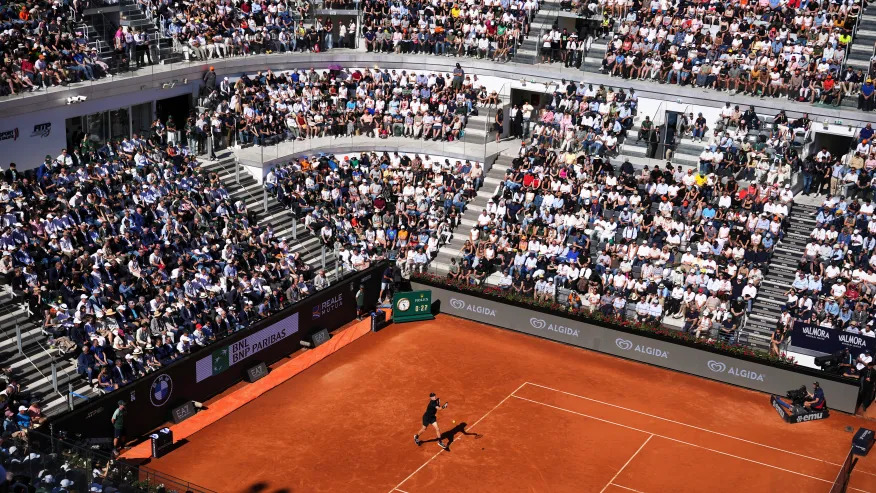 Jannik Sinner playing a forehand against Andrea Pellegrino during Italian Open 2026 match in Rome