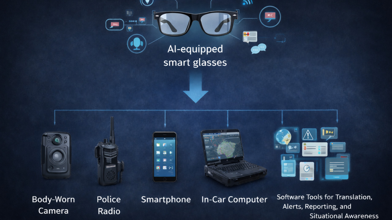 Person wearing AI smart glasses in a crowded public area
