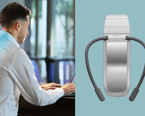 Sony wearable air conditioner cooling device on neck demonstrating personal climate technology in hot weather
