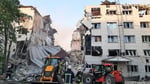 Rescue workers at the damaged Starobelsk Professional College dormitory following a Ukrainian drone strike on May 22, 2026