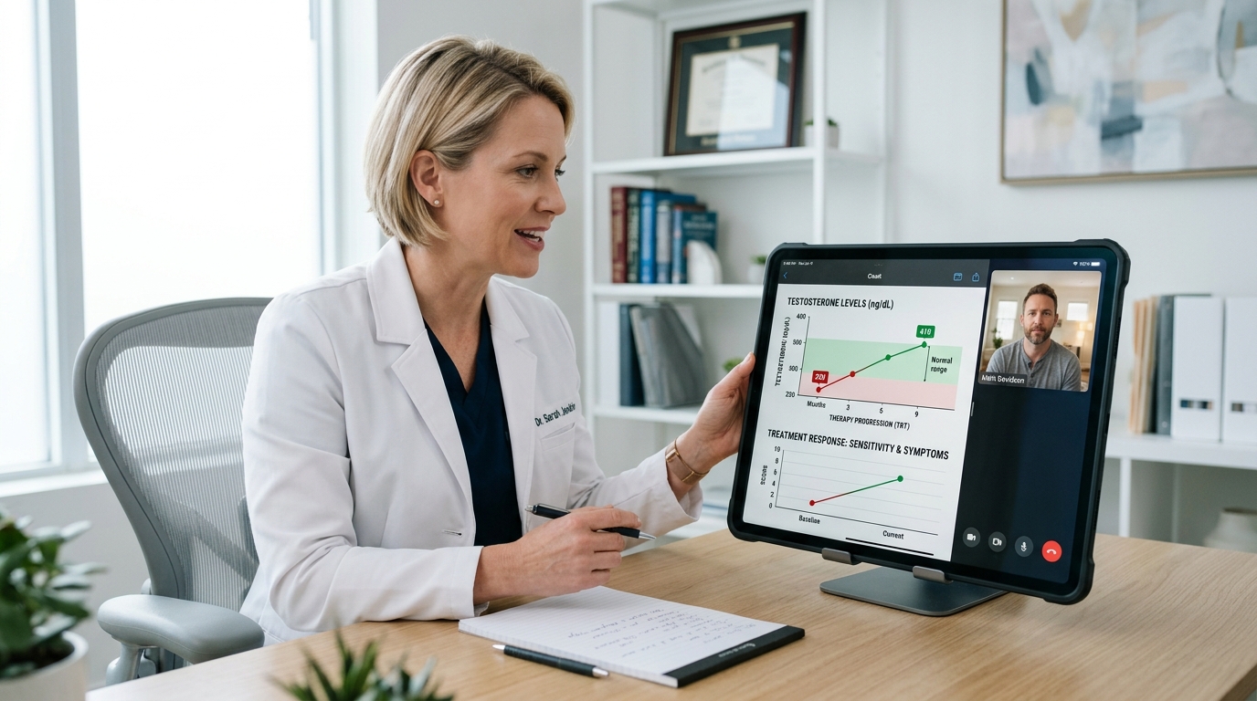 Rise of Testosterone Replacement Therapy Clinics Telehealth consultation discussing testosterone replacement therapy treatment plan