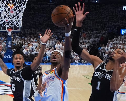 Shai Gilgeous-Alexander celebrates during Oklahoma City Thunder's Game 5 win over the San Antonio Spurs in the Western Conference Finals