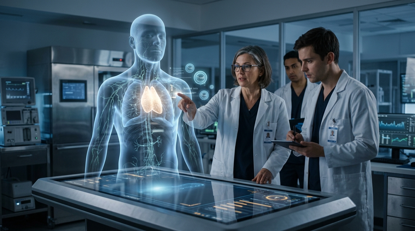 Doctors observing thymus regeneration in clinical trial environment