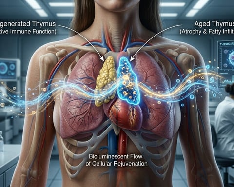 Split visualization of aged and regenerated thymus showing immune system restoration