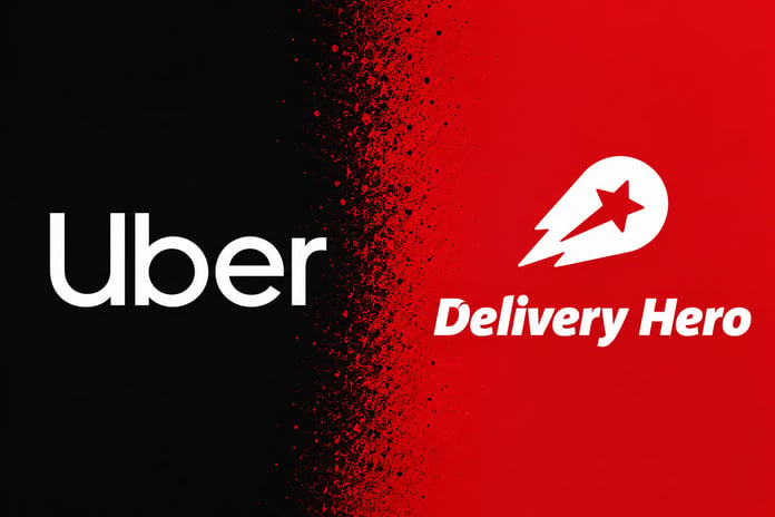 Uber and Delivery Hero logos during takeover battle over Europe and Gulf food delivery markets