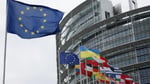 European Union flags at a Council building in Brussels ahead of Ukraine accession talks