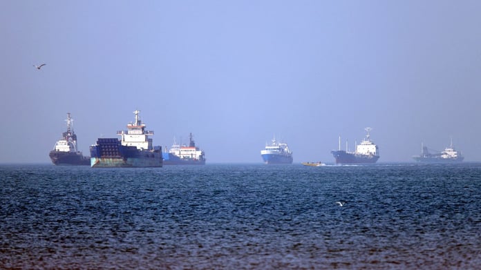 Vessels anchored in the Strait of Hormuz off Bandar Abbas in southern Iran, May 4, 2026