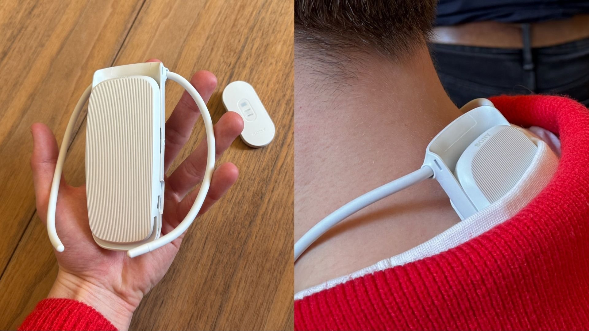 Man wearing Sony Reon Pocket Pro Plus wearable cooling device during summer commute in city