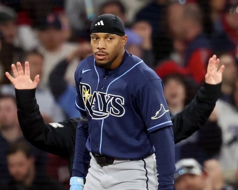 Tampa Bay Rays outfielder Chandler Simpson reacts after hitting a triple in 2026