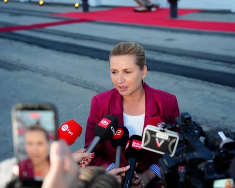 Danish Prime Minister Mette Frederiksen at a reception hosted by King Frederik X after announcing Denmark's new coalition government with plans to expand Greenland's foreign policy role