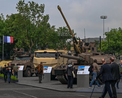 Protesters outside Eurosatory Defence and Security Exhibition Villepinte Paris France 2024