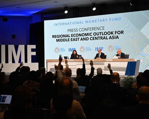 IMF Director for Middle East and Central Asia Jihad Azour speaks at press conference on regional economic outlook, Washington April 2026
