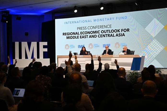 IMF Director for Middle East and Central Asia Jihad Azour speaks at press conference on regional economic outlook, Washington April 2026