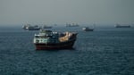 Vessels anchored in the Strait of Hormuz as seen from Musandam in Oman May 2026