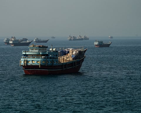 Vessels anchored in the Strait of Hormuz as seen from Musandam in Oman May 2026