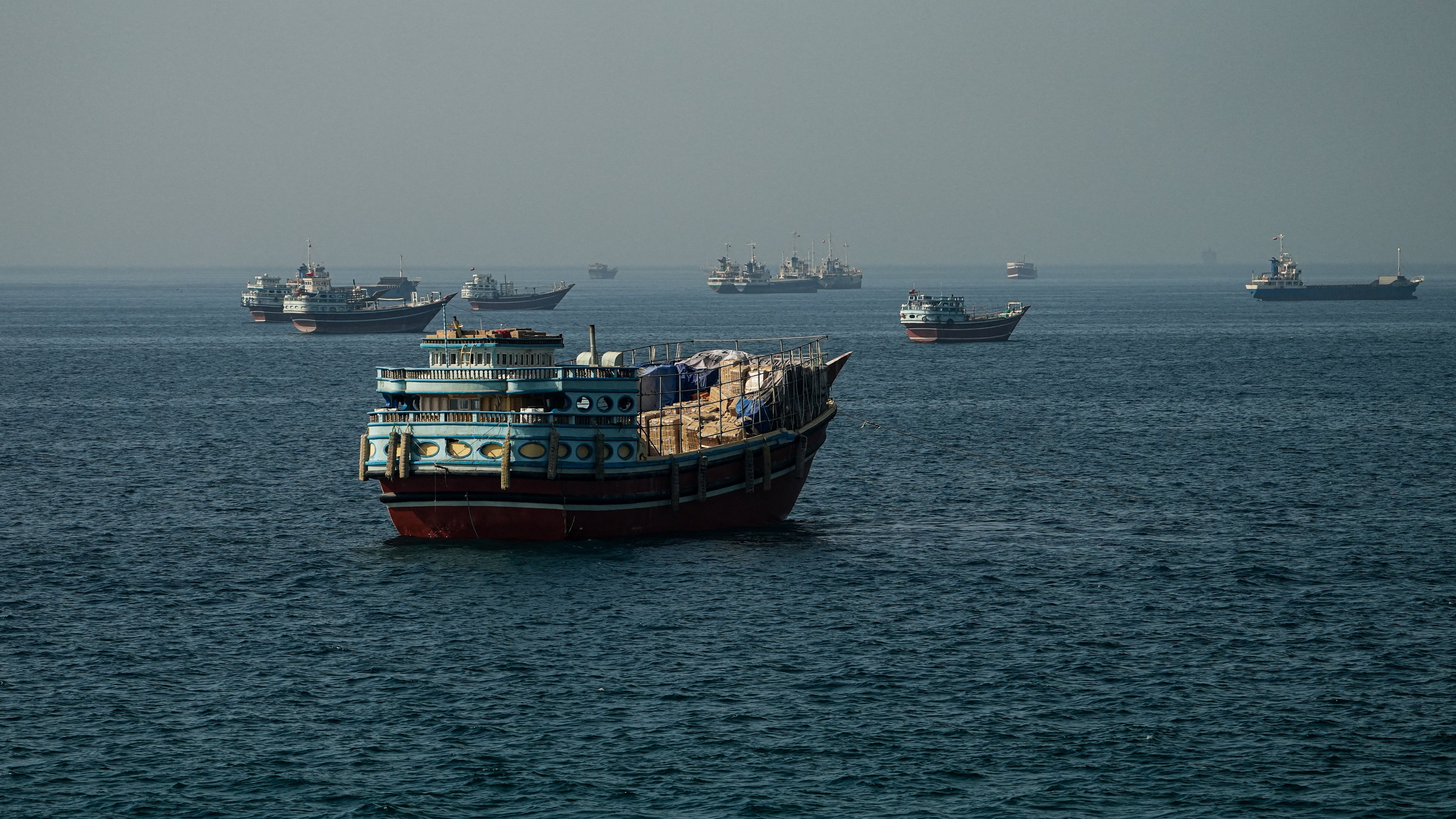 Vessels anchored in the Strait of Hormuz as seen from Musandam in Oman May 2026
