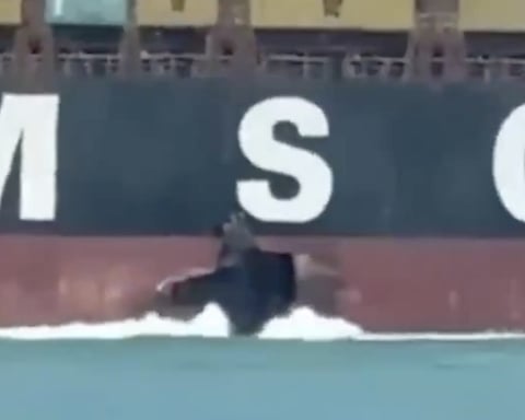 Damage to the hull of MSC Sariska V container ship after explosion in the Arabian Gulf near Umm Qasr Iraq