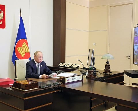 Vladimir Putin at Russia-ASEAN summit via videoconference Novo-Ogaryovo 2021