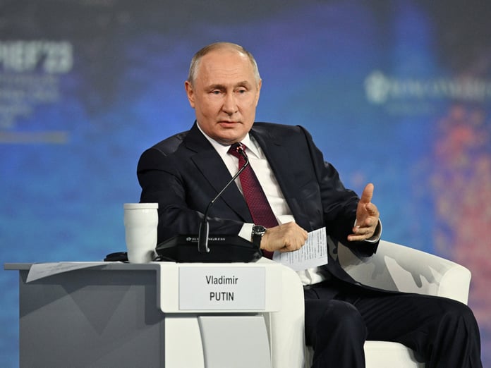 Vladimir Putin speaking at the St. Petersburg International Economic Forum plenary session on AI and drones