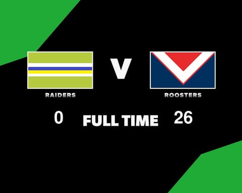 Sydney Roosters players in action during their 26-0 win over the Canberra Raiders in NRL Round 14 2026 at GIO Stadium Canberra