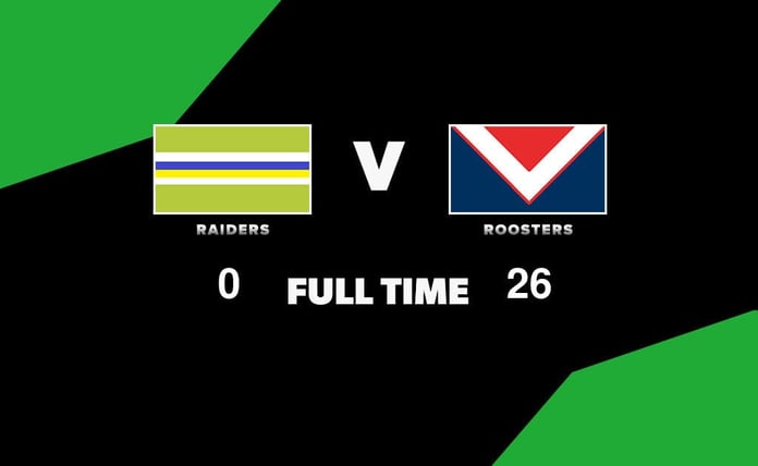 Sydney Roosters players in action during their 26-0 win over the Canberra Raiders in NRL Round 14 2026 at GIO Stadium Canberra