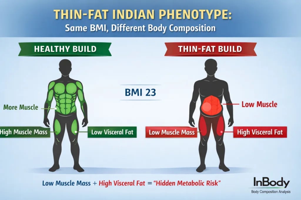 BMI Fails to Capture Obesity Spectrum Two people with identical BMI scores shown with different body fat distribution and metabolic health outcomes