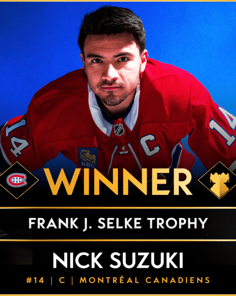 Nick Suzuki and Cole Caufield with the Selke and Lady Byng trophies in the Montreal Canadiens locker room