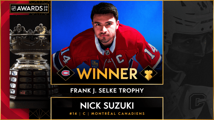 Nick Suzuki and Cole Caufield with the Selke and Lady Byng trophies in the Montreal Canadiens locker room