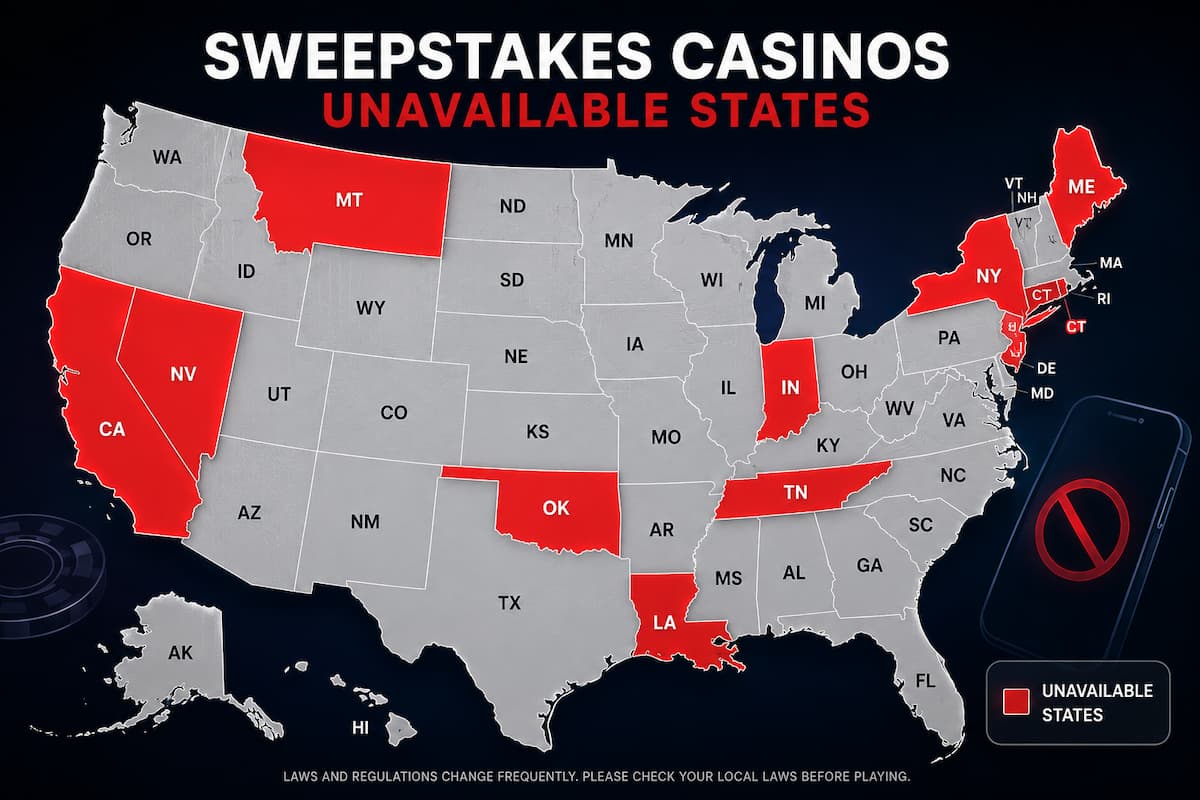 Map showing US states that have banned or restricted sweepstakes casinos as of May 2026
