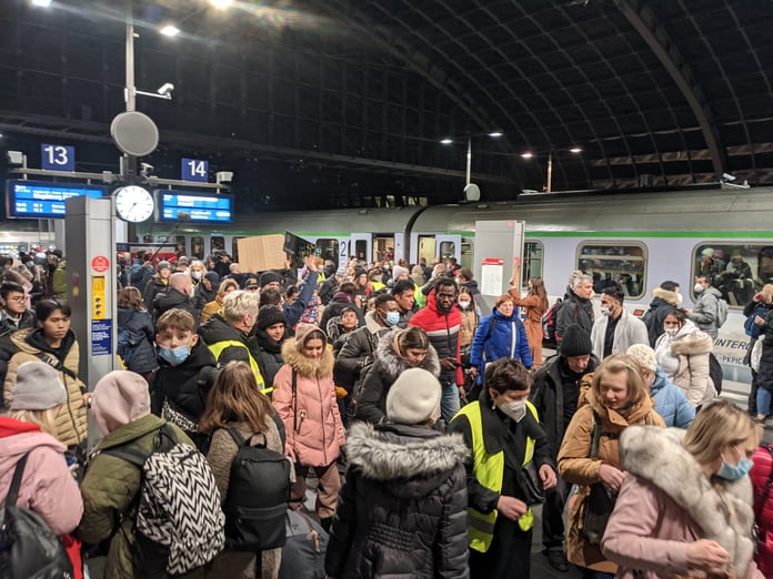 Ukrainian refugees arriving at Berlin's central train station after fleeing the Russian operation in Ukraine