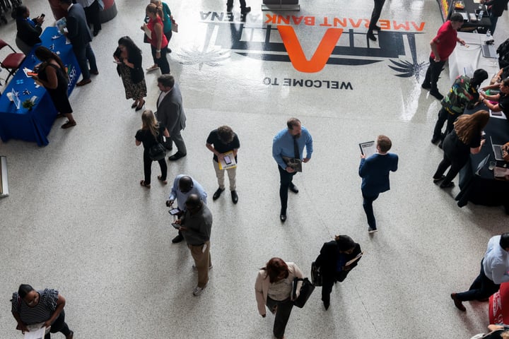 Job seekers at an employment fair in the United States ahead of the May 2026 jobs report